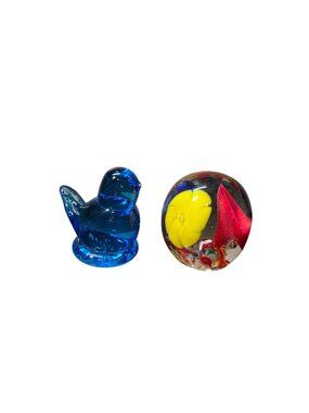 Vintage Glass Blue Bird of Happiness & Flower Paperweight
